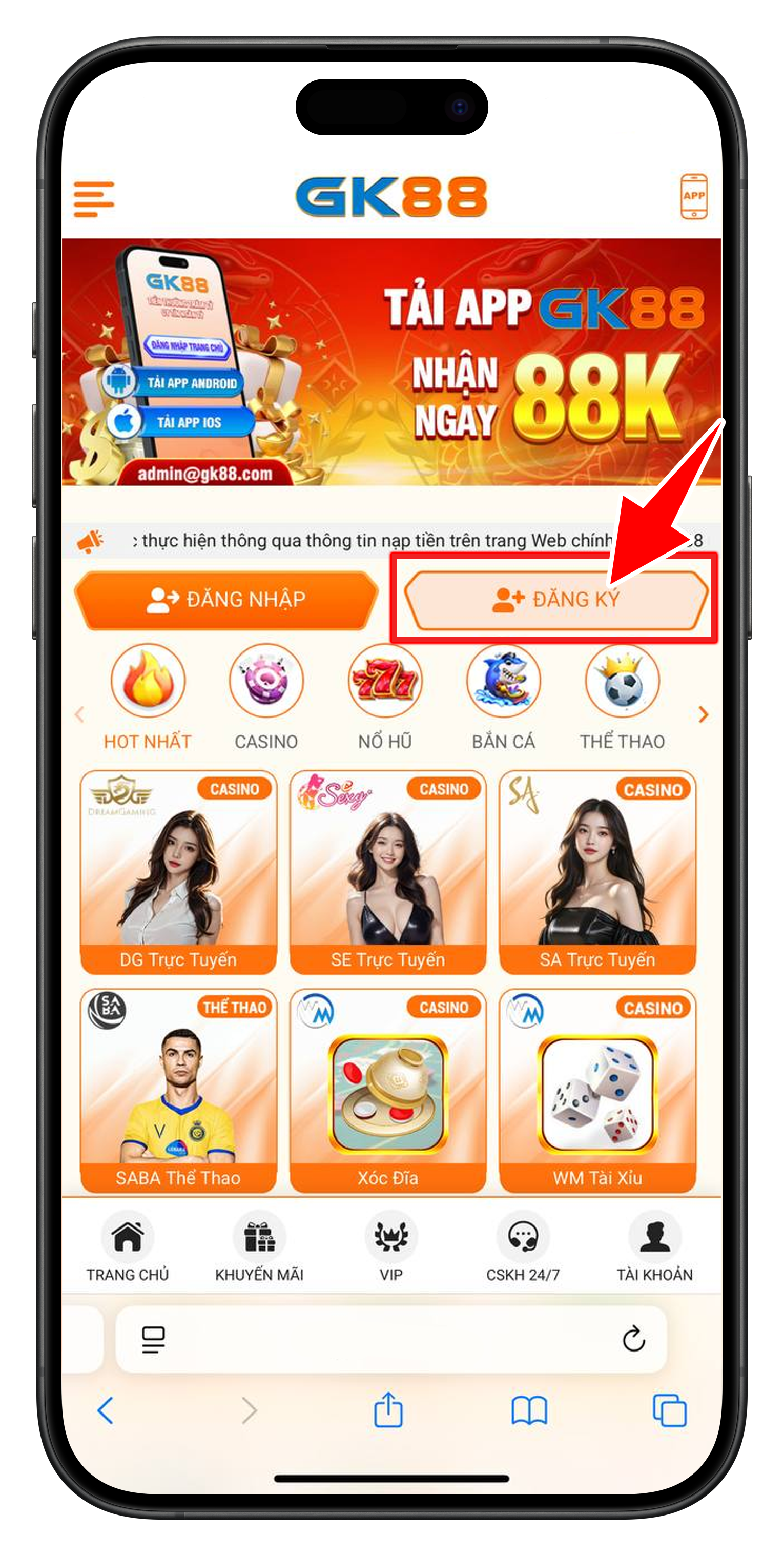 Bấm vào mục ĐĂNG KÝ